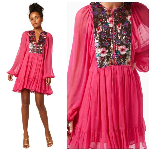 Misa Los Angeles Dresses & Skirts - Misa Los Angeles Zahia Pink Sequin Chiffon Long Sleeve Dress